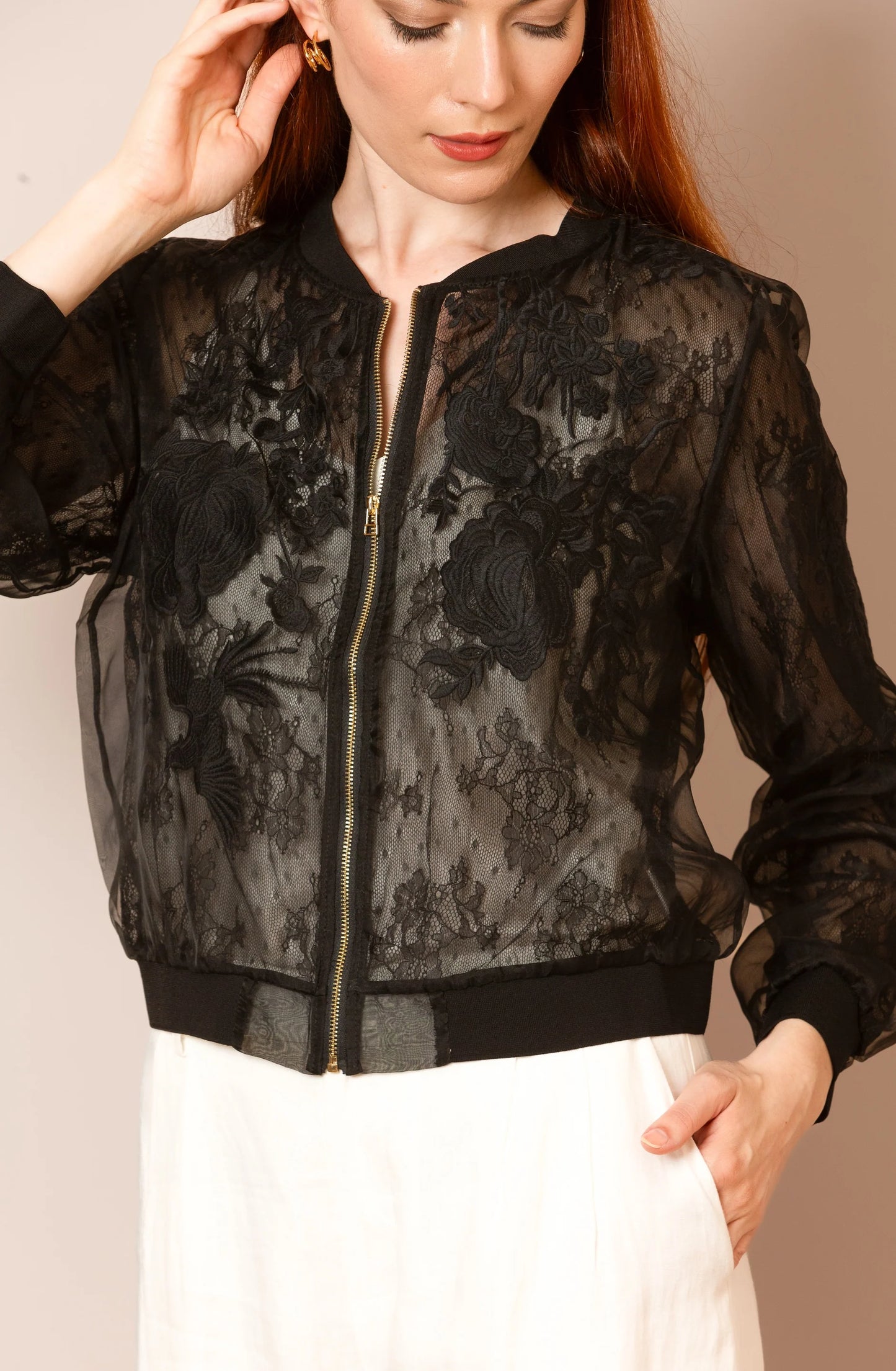 Evelyn Tulle Lace Combo Bomber Jacket