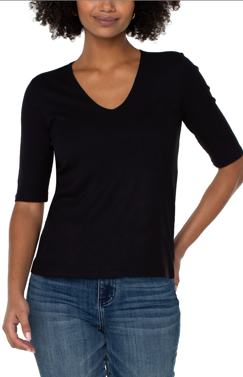 Double Layer V Neck 1/2 Sleeve Rib Knit Top