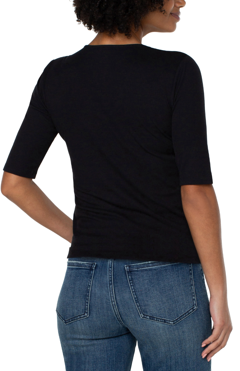 Double Layer V Neck 1/2 Sleeve Rib Knit Top