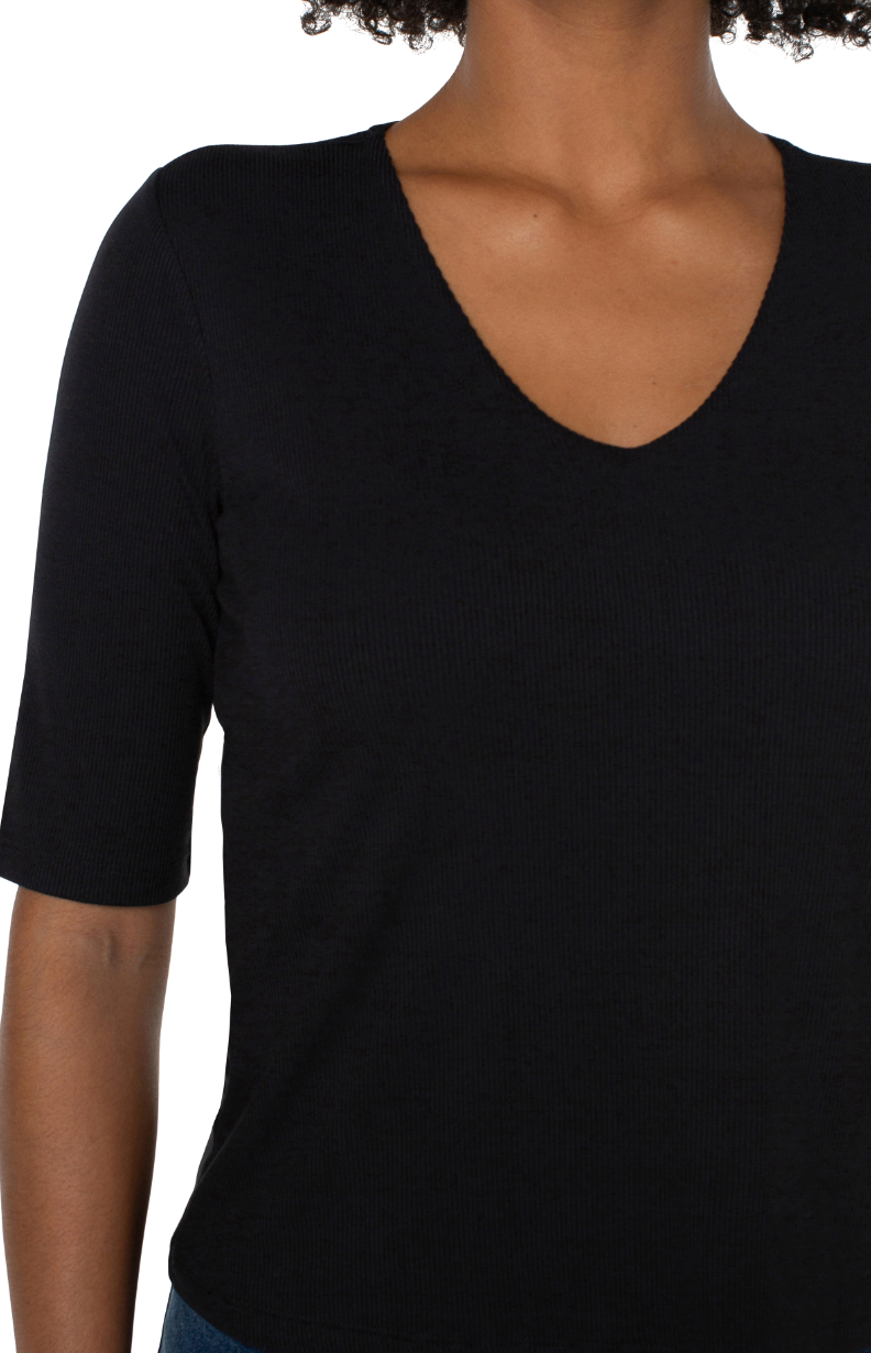 Double Layer V Neck 1/2 Sleeve Rib Knit Top