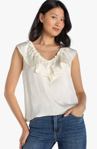 Ruffle Front Sleeveless Woven To Knit Top