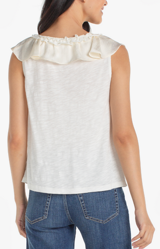 Ruffle Front Sleeveless Woven To Knit Top