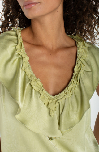 Ruffle Front Sleeveless Woven To Knit Top