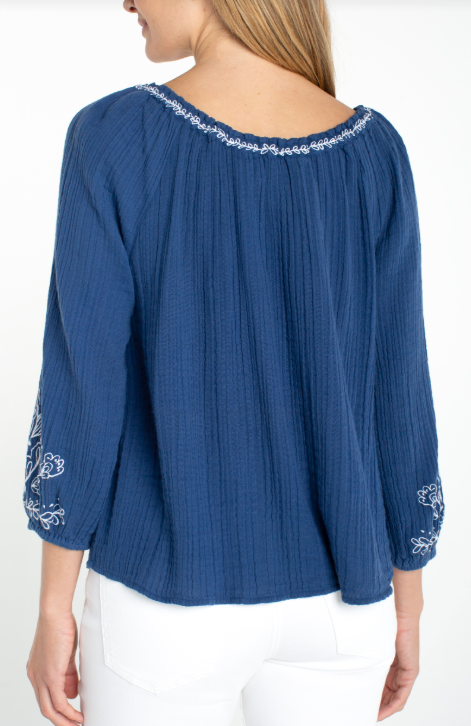 3/4 Sleeve Woven Top W/emb