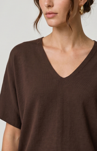 Short Sleeve Vneck Dolman Popover Swtr W Step Hem