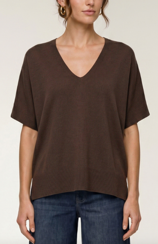 Short Sleeve Vneck Dolman Popover Swtr W Step Hem