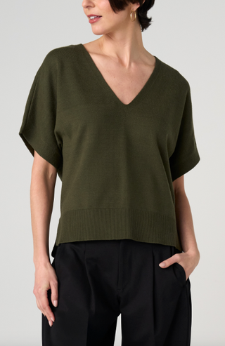 Short Sleeve Vneck Dolman Popover Swtr W Step Hem