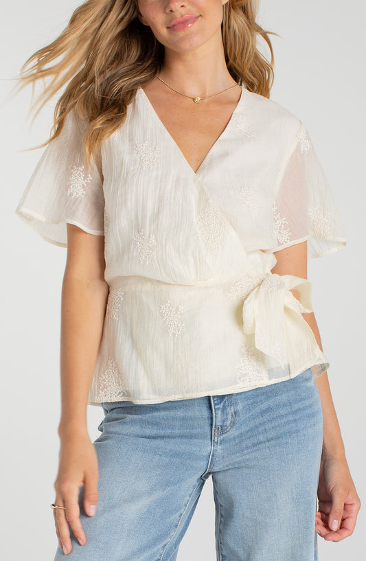 Short Sleeve Wrap Front Woven Top W/ Tie