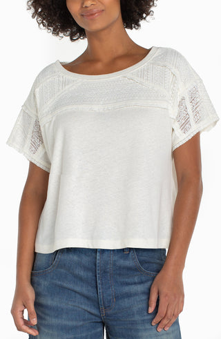 Short Slv. Dolman Boat Neck Knit Top W/ Lace