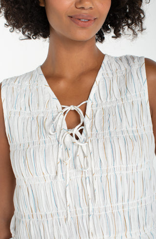 Sleeveless Tie Front Woven Top W/ Smocking