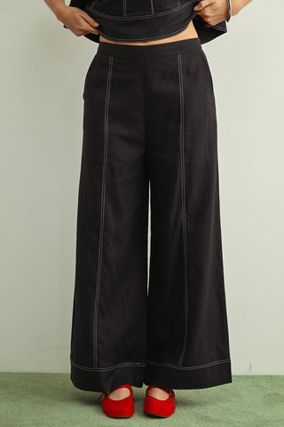 Stitch Detailed Wide Leg Linen Pants