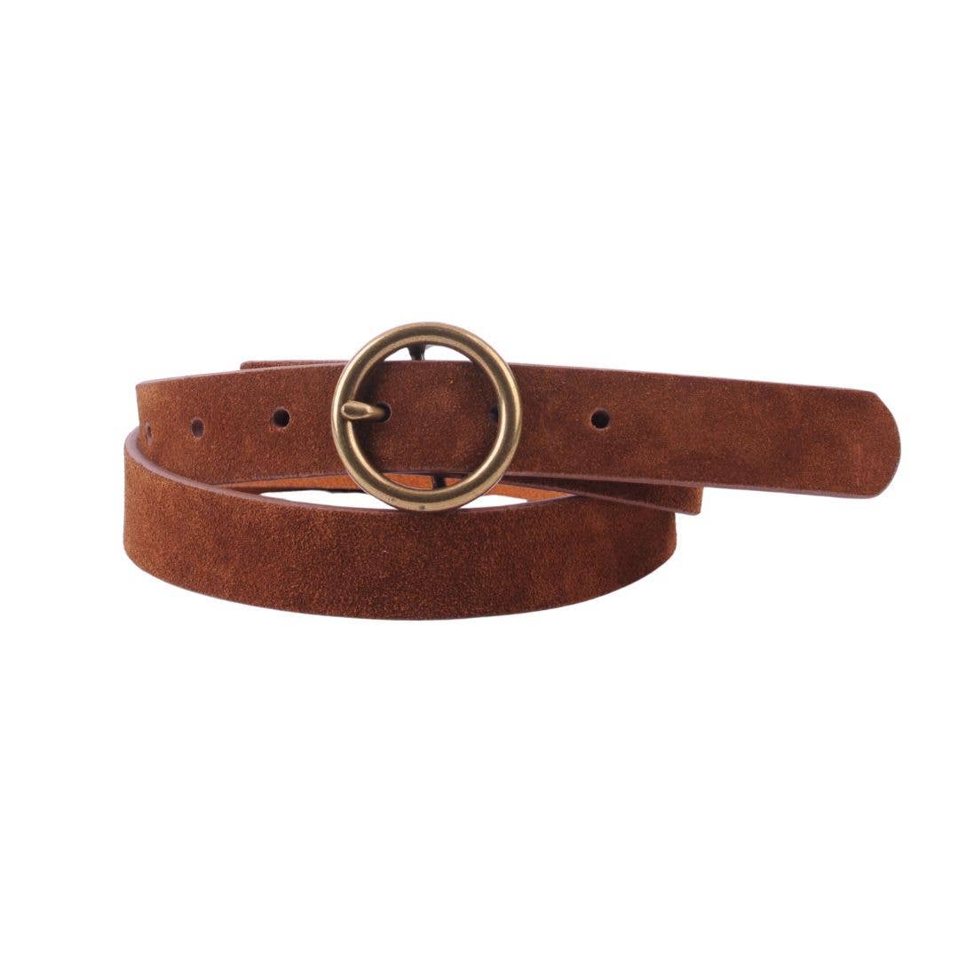 Brass - Toned Circle Buckle Leather Belt