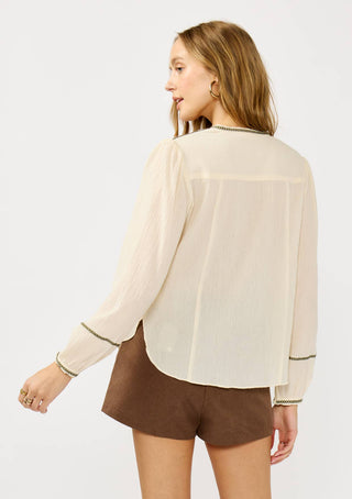 Long Sleeve Split Neck Embroidered Cotton Blouse