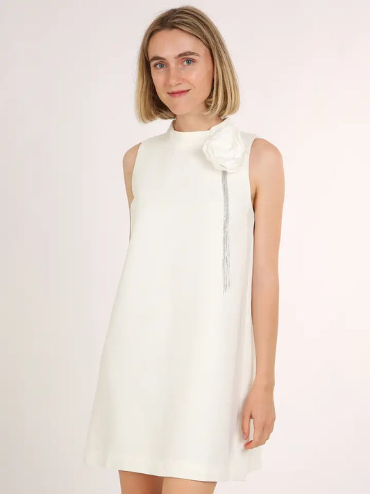 Satin Tasseled Floral Corsage A-Line Mini Dress