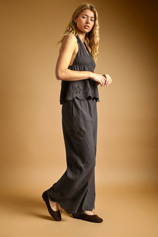Embroidered Elastic Band Waist Pants