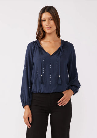 Sequin LS Tassel Tie Blouse