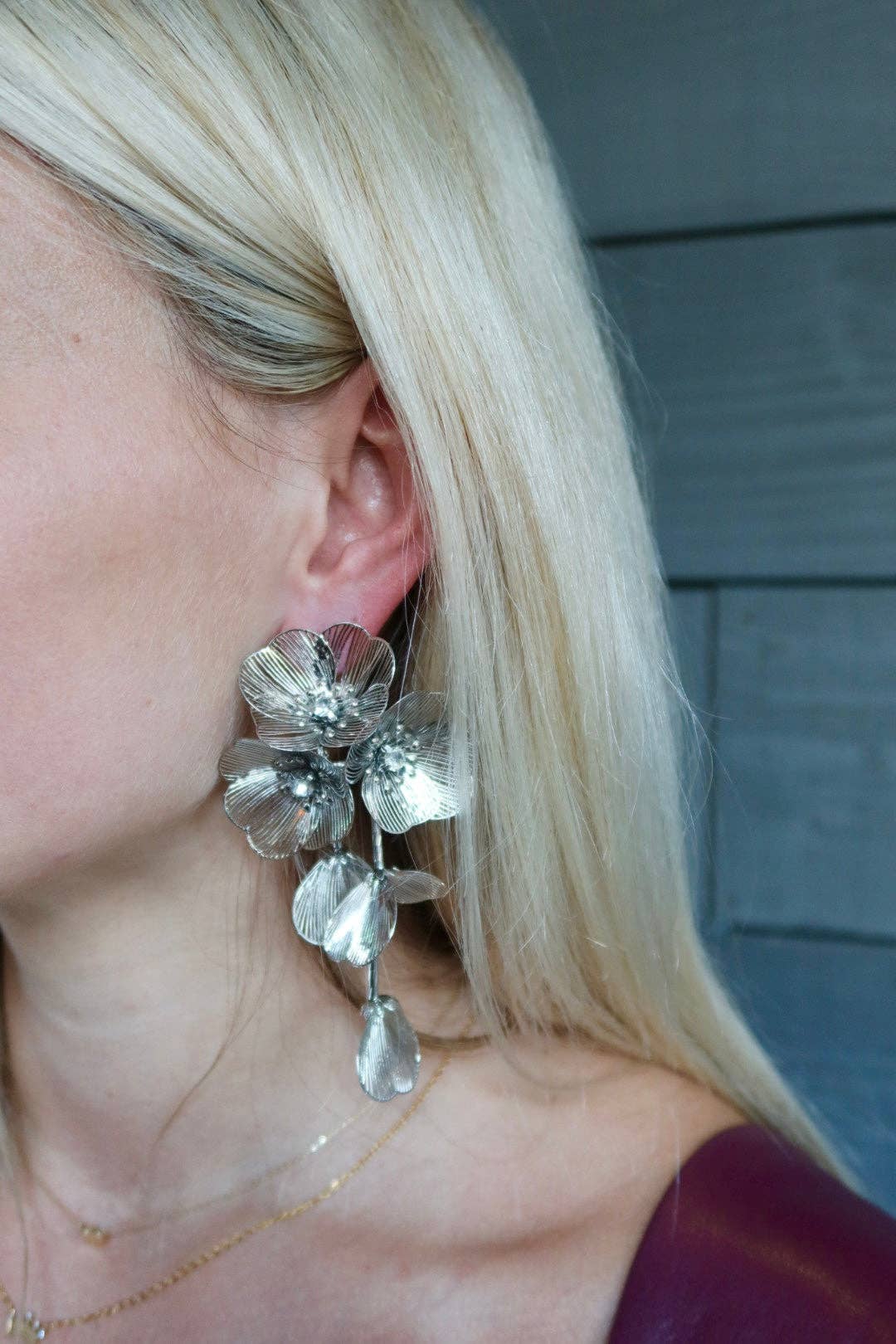 Audrey Flower Statement Earring - Silver