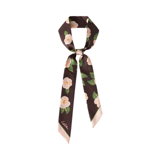 "Camellia" Silk Twill Skinny Scarf - Dark Brown