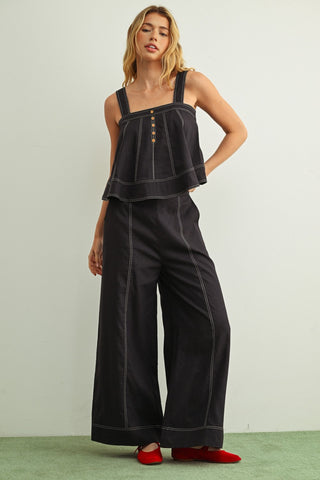 Stitch Detailed Wide Leg Linen Pants