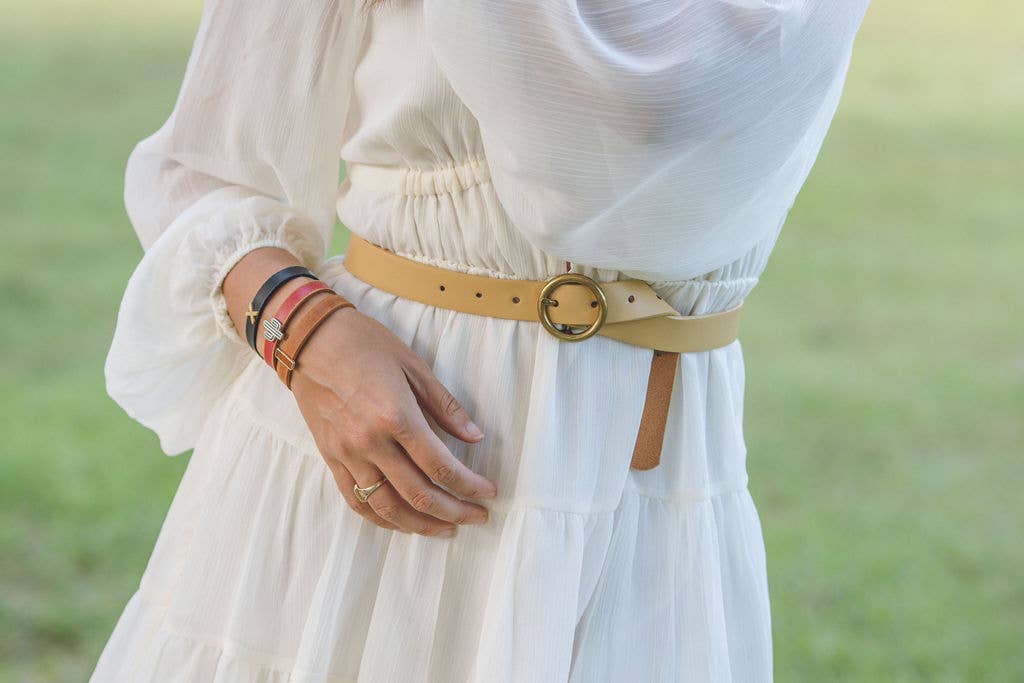 Brass - Toned Circle Buckle Leather Belt