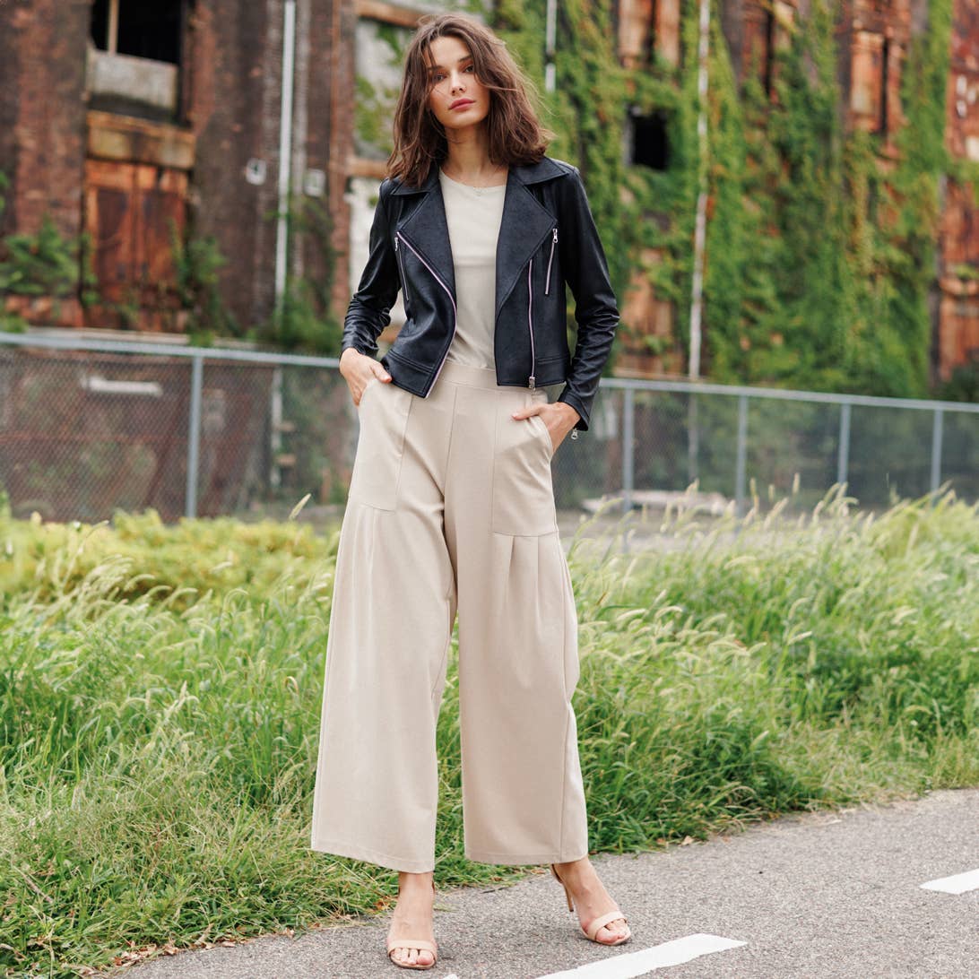 Margaret  - Liquid Leather Zip Cuff Moto Waist Jacket