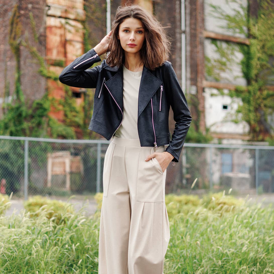 Margaret  - Liquid Leather Zip Cuff Moto Waist Jacket