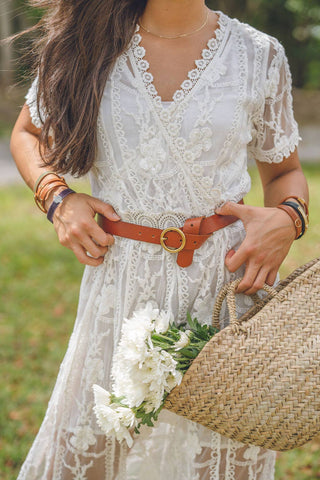 Brass - Toned Circle Buckle Leather Belt