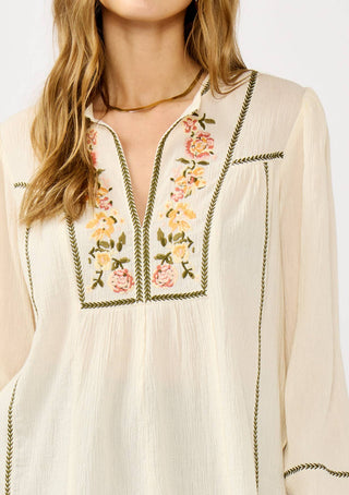 Long Sleeve Split Neck Embroidered Cotton Blouse