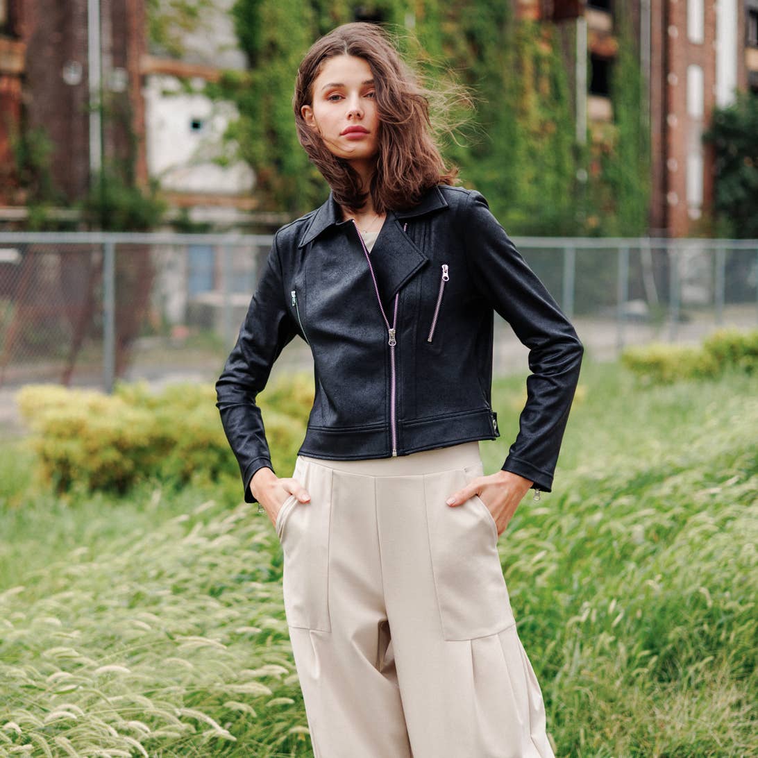 Margaret  - Liquid Leather Zip Cuff Moto Waist Jacket