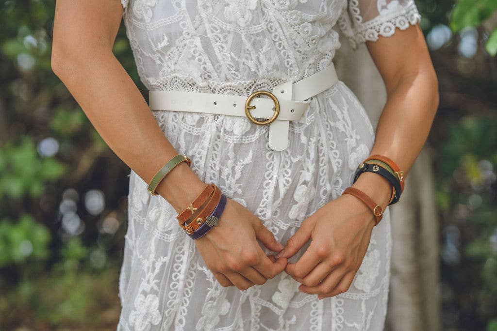 Brass - Toned Circle Buckle Leather Belt