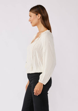 Sequin Long Sleeve Tassel Tie Neck Blouse