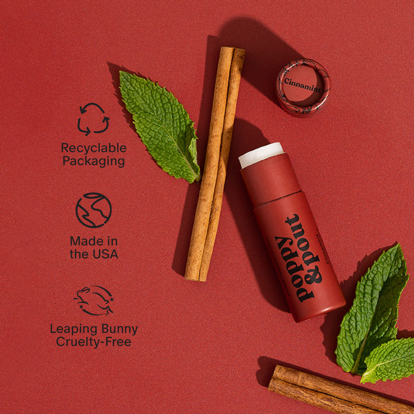 Red lip balm with cinnamon sticks and mint leaves on a red background, featuring sustainability icons.