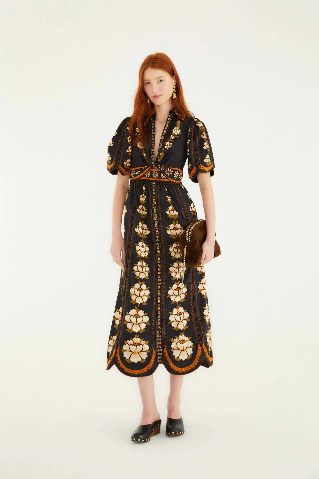 Embroidered Flowers Black Midi Dress
