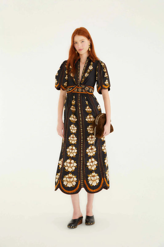 Embroidered Flowers Black Midi Dress