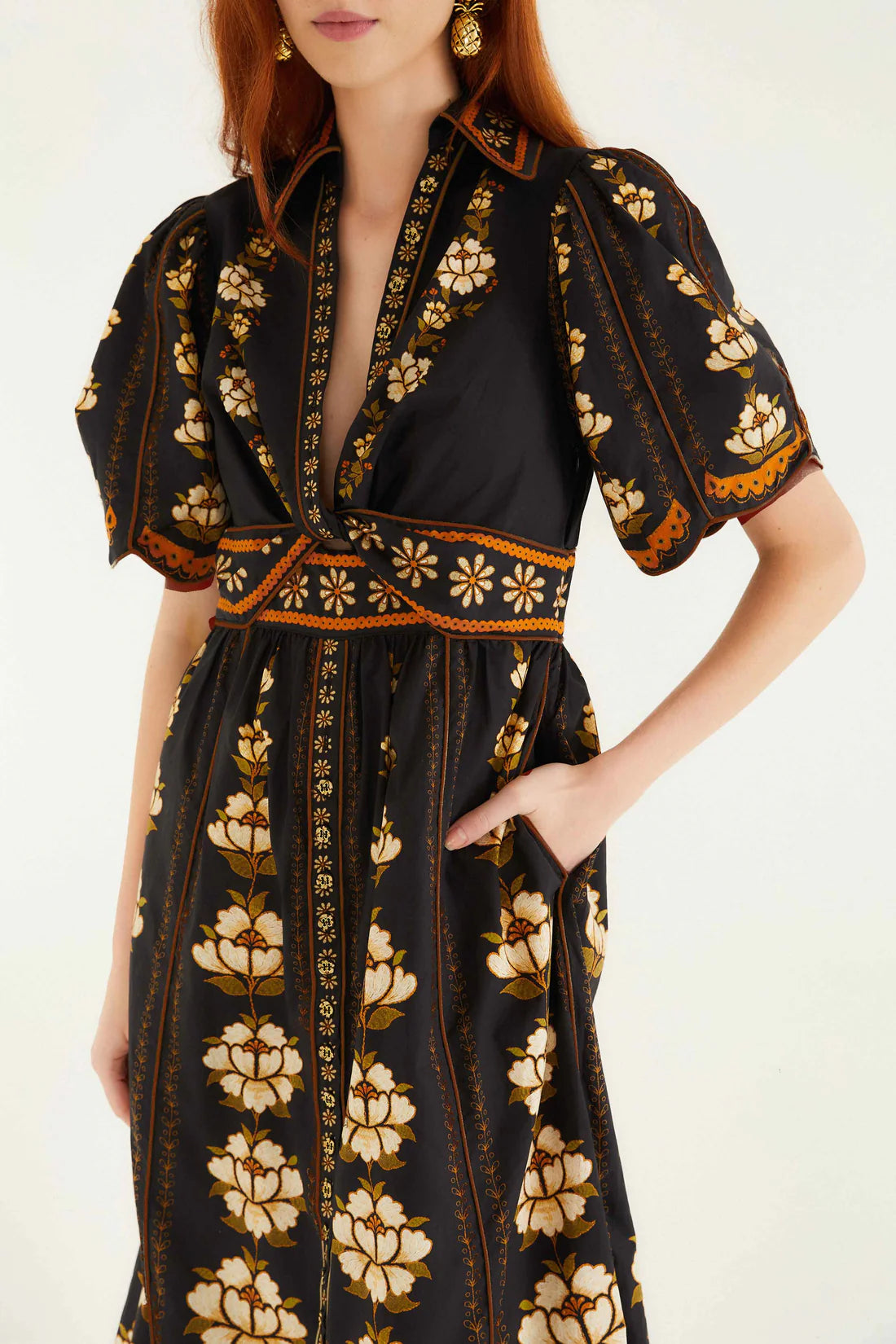 Embroidered Flowers Black Midi Dress