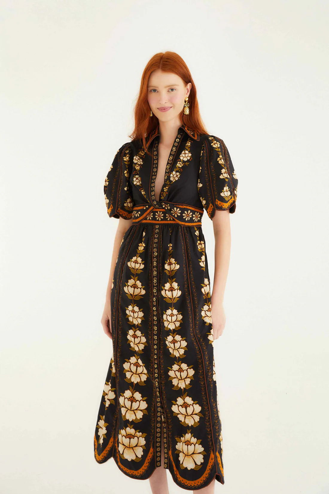Embroidered Flowers Black Midi Dress