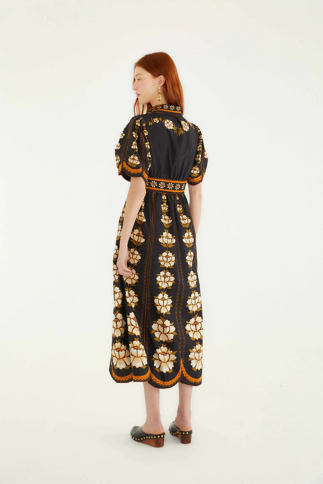 Embroidered Flowers Black Midi Dress