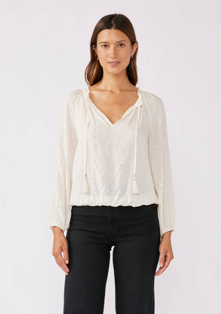 Sequin Long Sleeve Tassel Tie Neck Blouse