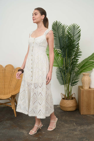Striped Eyelette Button Up Midi Dress